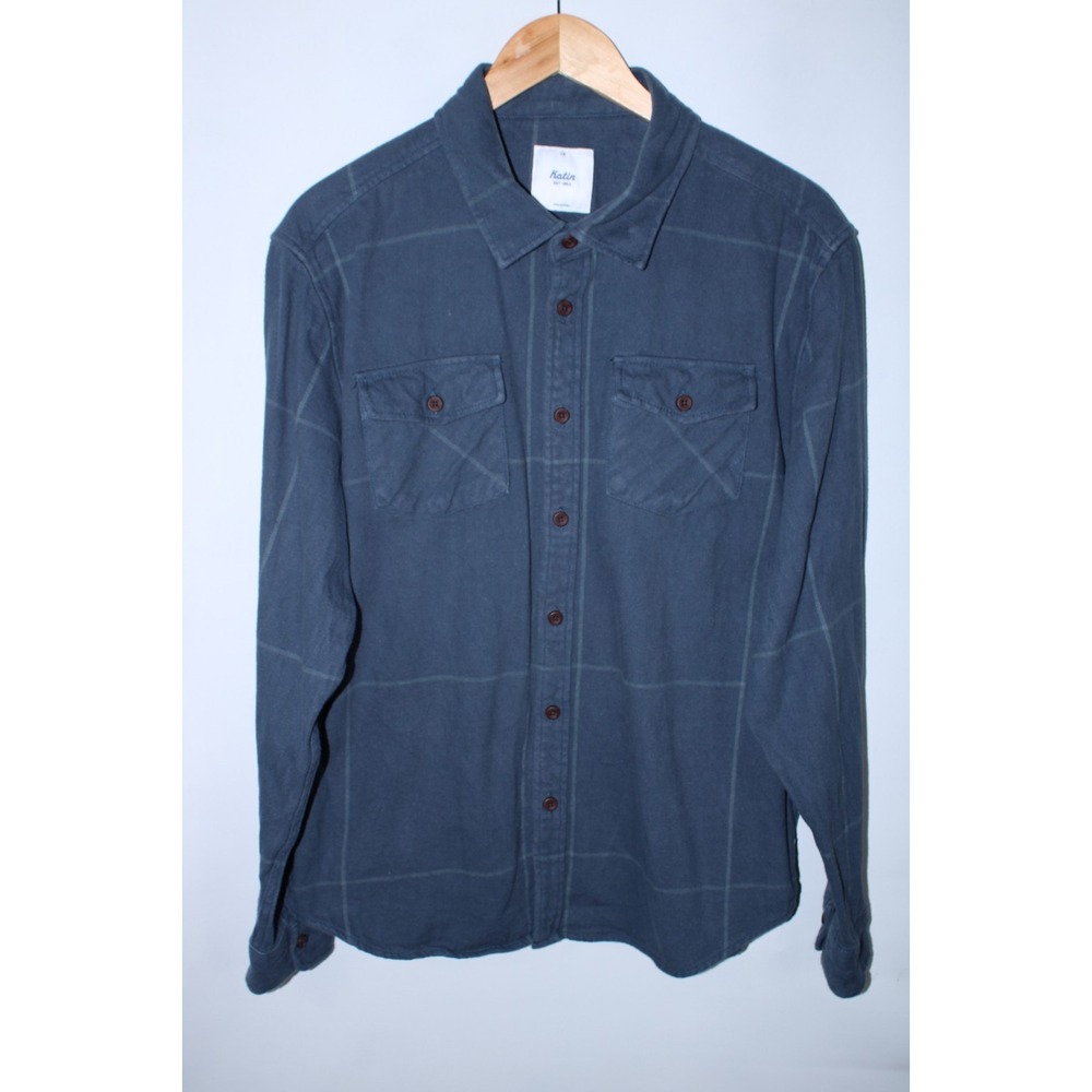 Katin Men's Large Navy Blue Plaid Fleece Long Sleeve Shirt